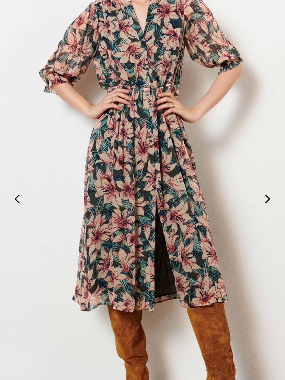 ba&sh Floral Midi Dress in Cream, Green, Pink